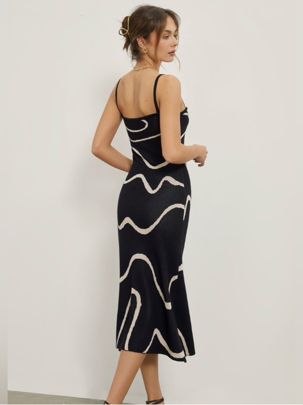 Commense Black Midi Slip Dress with Cream Wave Pattern - Picture 2 of 6